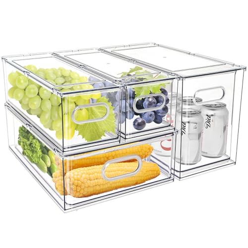 MANO Fridge Drawer Pull Out Stackable Bins with Handle Clear Refrigerator Drawers Organizer Food Storage Container Box with Dividers Plastic Produce Saver for Pantry, Cabinet, Kitchen, Clothes（4Pack） - style: 2*3L+1*6L+1*9L