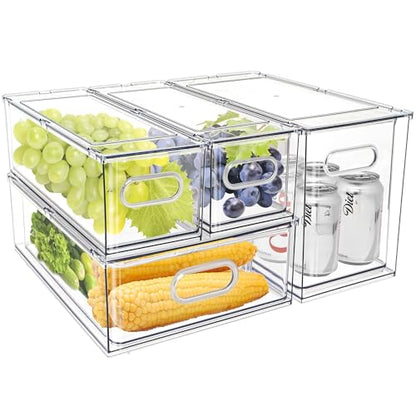 MANO Fridge Drawer Pull Out Stackable Bins with Handle Clear Refrigerator Drawers Organizer Food Storage Container Box with Dividers Plastic Produce Saver for Pantry, Cabinet, Kitchen, Clothes（4Pack） - style: 2*3L+1*6L+1*9L