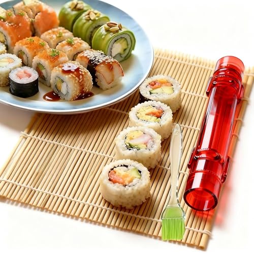 Sushi Making Kit – Clear Sushi Bazooka Roller & Bamboo Sushi Rolling Mat, Easy DIY Sushi Maker Tool Set for Beginners, Homemade Sushi Rolls for Kitchen & Party (Clear Red) - color: Clear Red