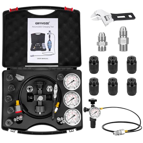 Hydraulic Nitrogen Accumulator Charging Kit, Nitrogen Fill Kit, Pressure Test System, Gas Charge Tools with 7 Adapters, 3 Gauges, 1 Gas Hose and G5/8 Male to CGA580 Male Adapter - style: 3 Gauge Charging Kit