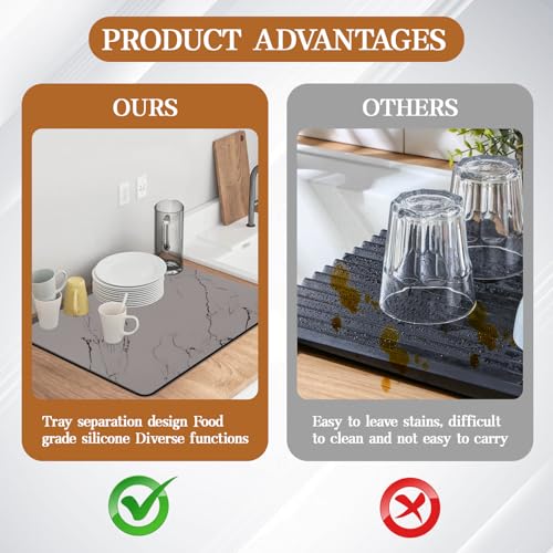 Dish Drying Mats for Kitchen Counter, 24"x16" Absorbent Coffee Bar Mat, Quick Dry Dish Rack Pad with Rubber Backed Non-Slip Marble Pattern Kitchen Counter Dish Draining Mat Easy to Clean (Gray) - color: Gray