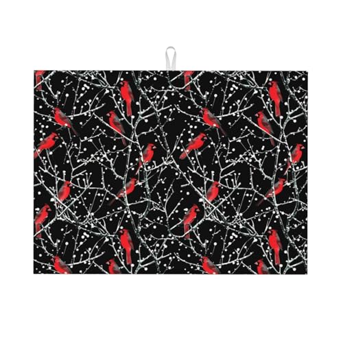 Red Bird Winter Red Cardinals Dish Drying Mat For Kitchen Counter, Super Absorbent Microfiber Dish Drying Pad, Kitchen Gadgets For Easy Clean Multi-Use Large 18"x24" - color: Red Bird Winter Red Cardinals