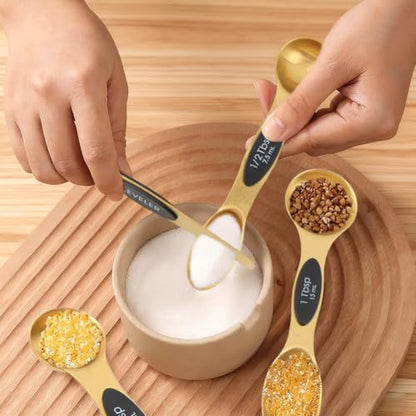 Gold Measuring Cups and Spoons, 13 Piece Stainless Steel | Double-sided design with engraved sizes, narrow end for spice jars, plus leveler for dry ingredients