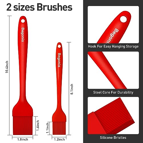 Begonia Silicone Basting Pastry Brush-2pcs Heat Resistant Cooking Brush for Oil, Sauce, Butter, BBQ, Grill and Marinade, BPA Free, Dishwasher Safe （Red） - color: Red