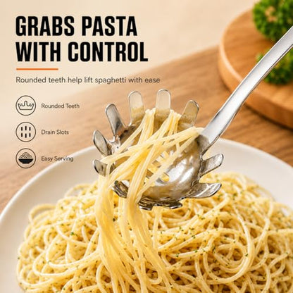 Stainless Steel Pasta Spoon, Spaghetti Server with Teeth, Metal Pasta Fork for Noodles, Linguine, Fettuccine and Macaroni, Dishwasher Safe - color: B-Silver Pasta