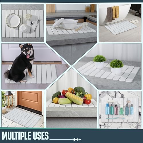 Stone Drying Mat for Kitchen Counter, 24"x16" Large Collapsible Dish Drying Mat with Non-Slip Pad and Sandpaper, Rolling Design, Quick Dry for Dishes, Bottles, Utensils