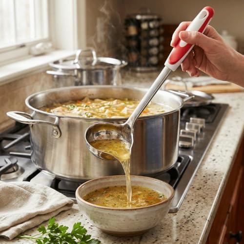 Stainless Steel Ladle Spoon Portable Non Slip Handle Smooth Side Pour Spout Mouth Porridge Spoon for Kitchen Restaurant Hotel
