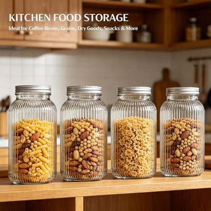 INSETLAN 64 oz Wide Mouth Glass Mason Jars, Set of 2, Ribbed Canning Jars for Sourdough Starter, Pickling, Fermentation, Sun Tea & Pantry Storage, Refrigerator Safe