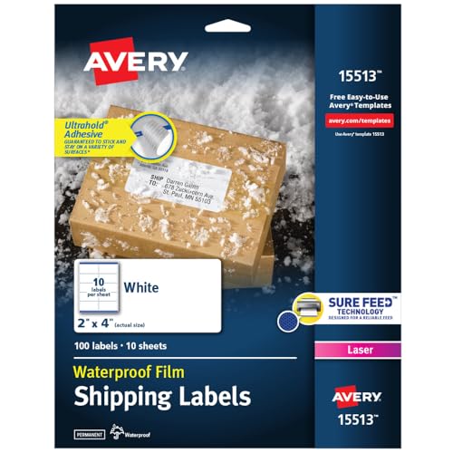 Avery Waterproof Printable Shipping Labels with Sure Feed, 2" x 4", White, 100 Blank Mailing Labels (15513)