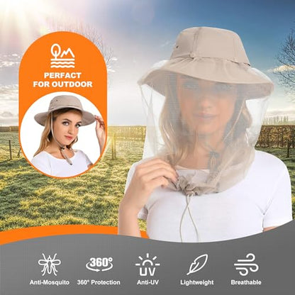 Mosquito Head Net Hat UPF 50+ Sun Protection Bug Hat for Men Women | Sun Visor Style, Perfect for Safari, Hiking, Beekeeping, Camping & Gardening - color: Beige
