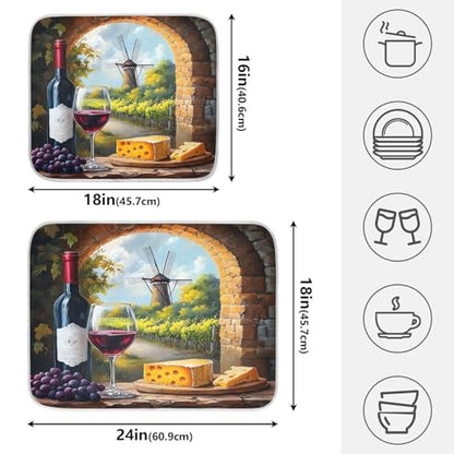 Red Wine Glasses with Grape Cheese Farm Dish Drying Mats for Kitchen Counter, 18x24 inch Drying Dishes Absorbent Microfiber Dish Drainer Mat Rack Pad Fast Dry - size: 18x24in