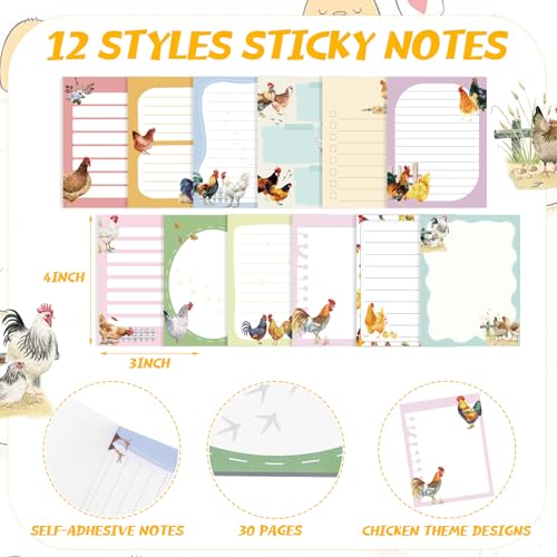 Chiisong 12 Pads Chicken Sticky Notes Cute Sticky Notes 3x4 Roosters Gifts for Women Chicken Funny Memos Animals Notepad Office Supplies Christmas Small Gifts - style: Chicken