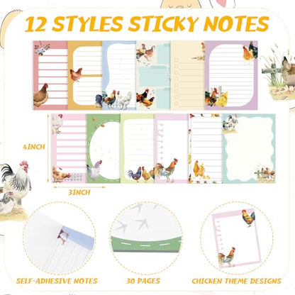 Chiisong 12 Pads Chicken Sticky Notes Cute Sticky Notes 3x4 Roosters Gifts for Women Chicken Funny Memos Animals Notepad Office Supplies Christmas Small Gifts - style: Chicken