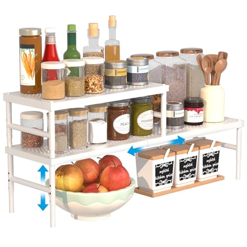 2 Pack Expandable adjustable stackable kitchen organizer,Spice Racks,Counter Shelf for Cabinets,Small Cupboard Organizers,Heavy Duty Metal Pantry Storage Shelves Racks for kitchen,cabinet, bathroom - color: White 2 Pack