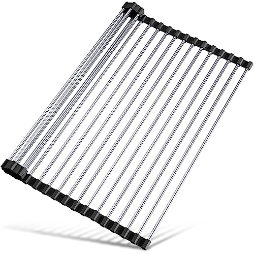 Tomorotec 17.7" x 12.5" Roll Up Dish Drying Rack Over Sink Drying Rack Sink Cover Kitchen Sink Accessories Gadget Multipurpose Organizer Foldable Stainless Steel Drainer - color: Black, size: 17.7 x 12.5 in
