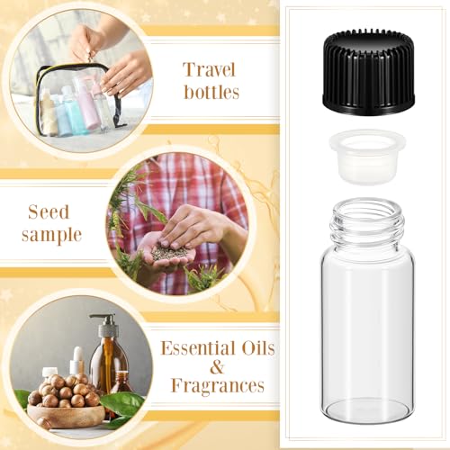Lallisa 100 Pcs 2, 4, 5, 7 ml Glass Vials with Black Screw Caps and Plastic Stoppers, Clear Small Leakproof Bottles Bulk, Mini Liquid Sample Vials for Essential Oils, Sample, DIY Craft - color: Clear with Black Cap, size: 2 ml, 4 ml, 5 ml, 7 ml Set
