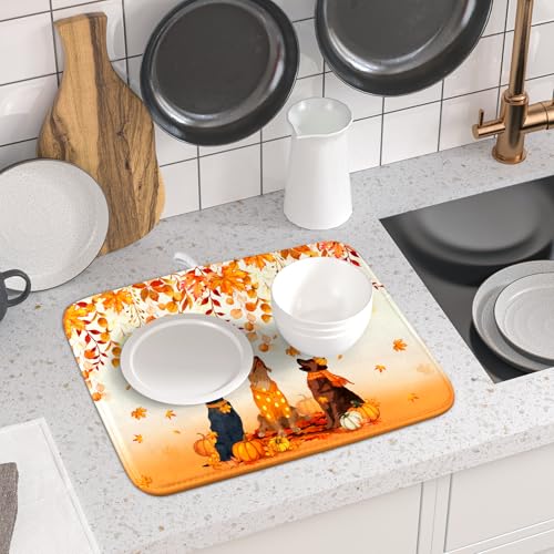 Giwawa Fall Dogs Dish Drying Mat Autumn Leaves Reusable Dishes Pad 16"x18" Holiday Microfiber Quick Dry Dish Drainer Rack Mat for Kitchen Counter - color: Fall Dogs, size: 16x18 inch