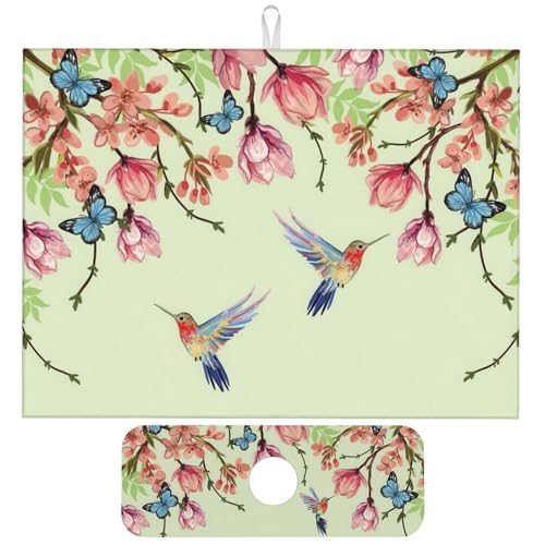 Bird Floral Flowers Dish Drying Mat for Kitchen Counter, 18"x24" Microfiber Absorbent Fast Dry Mat, 2Pcs Dish Mat Faucet Mats Sets, Large Drying Kitchen Mat Kitchen Drying Pad Coffee Bar Decor Gifts - color: Bird Floral Flowers, size: 18"X24"