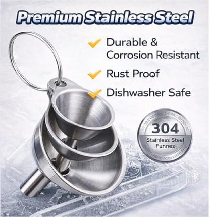 3PCS Kitchen Funnels Set,Stainless Metal Funnel for Filling Bottles - Tiny Small Medium Large for Essential Oils,Spice, Cooking,Powder,Flask，Perfume,Dry Ingredients Powde (Silver) - color: Silver