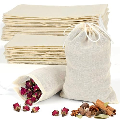 Reusable Muslin Tea Bags: 30pcs 200-mesh Cotton Sachet Bags with Drawstring Boil-Safe for Cooking Soup -3 * 4in & 4 * 6in Spice Bags for Bathing Unbleached