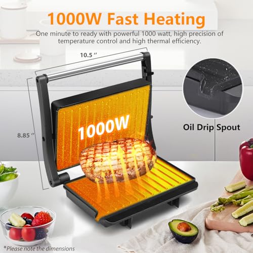 Panini Press Grill, Aigostar 1000W Sandwich Maker with Ceramic Non-stick Plates, Opens 180 Degrees for Any Size Food, 3-in-1 Sandwich Press Electric Grill, Drip Spout & Locking Lid, Sliver - color: Black
