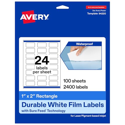 Avery Printable Durable White Rectangle Labels, Sure Feed Technology, 1" x 2", Print-to-the-Edge, Waterproof Labels, Laser & Pigment-Based Inkjet Compatible, 2400 Total - style: 2,400 labels