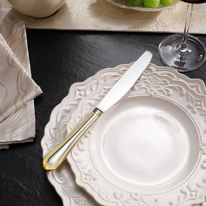 KEAWELL Pearl Edge 4-Piece Premium Dinner Knives: Stainless Steel Table Knives with a Refined Bead Design, Brightly Polished, 9.6 Inches, Dishwasher Safe. (Gold Accent) - color: Gold Accent