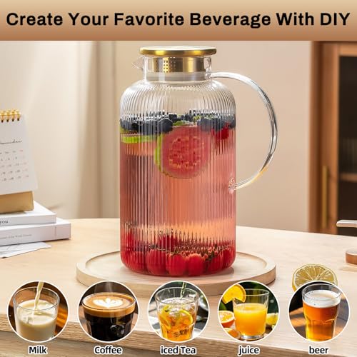 Buaic Glass Pitcher with Lid, 100 oz/ 3 Liter Classic Vertical Stripes Water Pitcher,Glass Water Carafe for Cold Brew, Coffee, Lemonade, Iced Sun Tea,Beverage, Milk, Heat Resistant - color: Clear, size: 100 Ounces