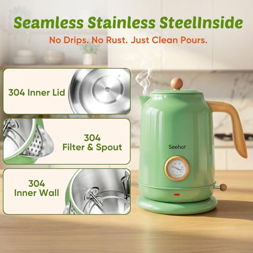 Seehot® Electric Kettle With Thermometer, 1.7L Electric Tea Kettle, 1200W Hot Water Kettle Electric, Auto Shutoff, Boil-Dry Protection, 304 Stainless Steel, Cordless Base,Green - color: Green