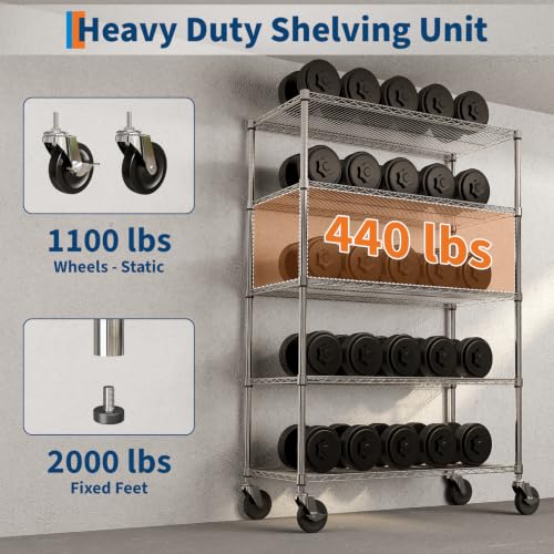Garvee 5-Tier Metal Shelving with Wheels, Adjustable Storage Shelves Heavy Duty 2000LBS, Chrome Plating Utility Rack NSF Wire Shelving, for Kitchen, Garage, Pantry, Commercial, 47.2" Wx17.7 Dx70.9 H - size: 17.7"Dx 47.2"W x 70.9"H - 5 Tier