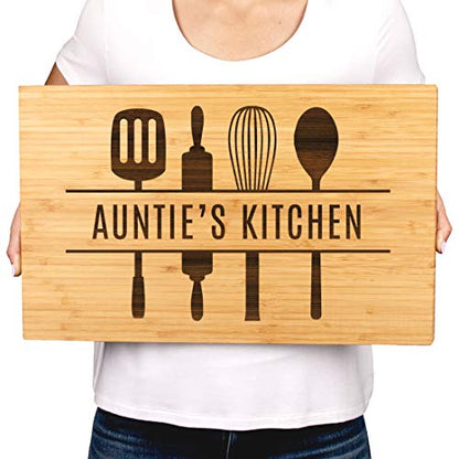 Andaz Press Large Bamboo Wood Cutting Board Gift, 17.75 x 11-inch, Auntie's Kitchen, Utensils Graphic, 1-Pack, Laser Engraved Serving Chopping Board Christmas Birthday Chef Kitchen Ideas - color: Auntie