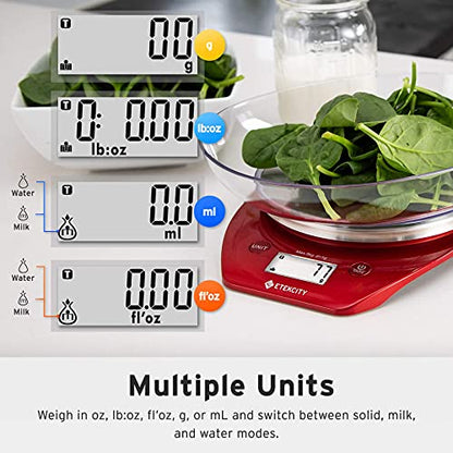 Etekcity 0.1g Food Kitchen Scale, Bowl, Digital Grams and Ounces for Weight Loss, Dieting, Baking, Cooking, and Meal Prep, 11lb/5kg, Stainless Steel Red - color: Chili Red, size: 11lb