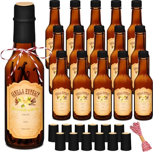 Tioncy 16 Pcs Vanilla Extract Bottles for Homemade Vanilla Jar Glass Bottle with Cap, Shrink Band, Sticker Syrup Gift Food Storage Canister for Bean Sauce Spice(Black, Brown,5 oz) - color: Black, Brown, size: 5 oz