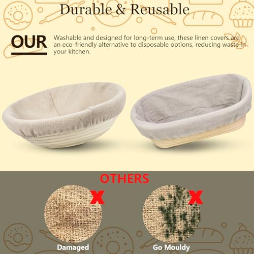 10 PC Bread Proofing Cloth Covers – 5 Oval 10" & 5 Round 9" Reusable Banneton Liners – Sourdough Basket Fabric Covers for Dough Fermentation – Natural Unbleached Cotton – Fits Most Proofing Baskets