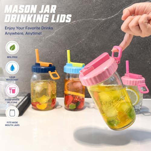 ORIGINAL CREATOR - DIPESI 4 Pack Wide Mouth Mason Jar Drinking Lids, Leak-Proof Covers for Drinking or Storage, Mason Jar Lids with Straw Fits Mason Jars