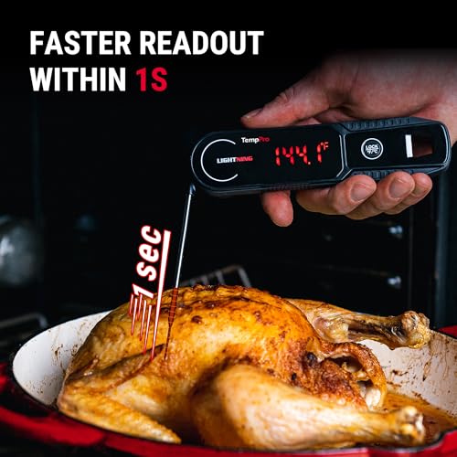 TempPro Lightning 1 Sec Instant Read Meat Thermometer, Kitchen Food Thermometer with 180° Rotating Display, IP67 Waterproof Cooking Thermometers for Deep Fry Smoker Grill BBQ(Previously ThermoPro) - color: Black