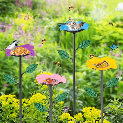 4 Pack Bee Watering Stations, Bee Feeders for Garden with 40PCS Glass Marbles,Colorful Butterfly Bath Bowl Waterer, Metal Butterfly Water Feeder for Outdoor Yard Courtyard Decor (4Pcs) - style: Flowers -4Pcs