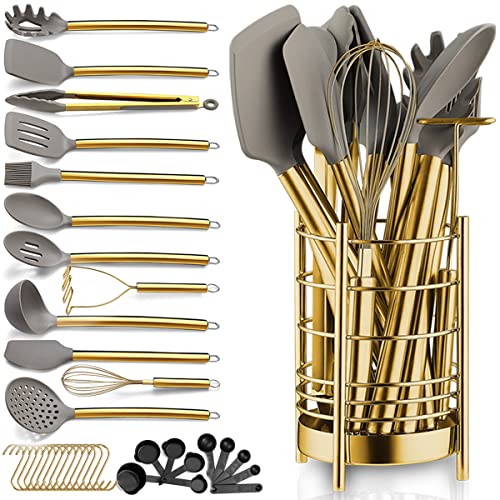 Gold Kitchen Utensils Set, Berglander 38 Pieces Non-stick Silicone Cooking Tools Spoon Spatula Set With Sturdy Stainless Steel Utensil Holder, Dishwasher Safe - style: a. 38 Pieces
