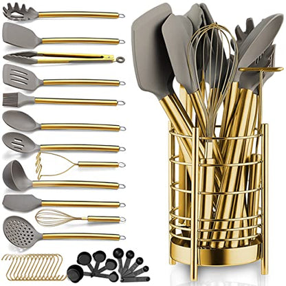 Gold Kitchen Utensils Set, Berglander 38 Pieces Non-stick Silicone Cooking Tools Spoon Spatula Set With Sturdy Stainless Steel Utensil Holder, Dishwasher Safe - style: a. 38 Pieces