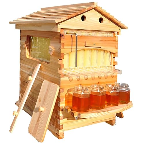 Beehive Starter Kit, Self-Flowing Honey Beehive with Observation Window and Honey Spout, Bee Hives Boxes with Built-in Honey Extraction System for Backyard Beekeeping Cabin Style Beehive