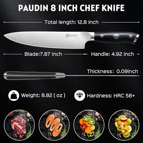 PAUDIN Chef Knife,8 Inch Professional Kitchen Knife Dishwasher Safe,Forged German Stainless Steel Sharp Cooking Knife,Ergonomic G10 Handle Full Tang Meal Prep Knives,Home Restaurant Gift for Men Women - size: Chef Knife - 8 inch