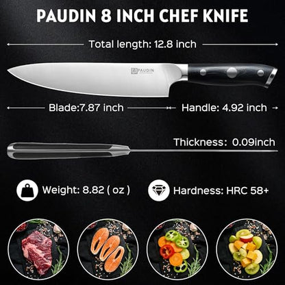 PAUDIN Chef Knife,8 Inch Professional Kitchen Knife Dishwasher Safe,Forged German Stainless Steel Sharp Cooking Knife,Ergonomic G10 Handle Full Tang Meal Prep Knives,Home Restaurant Gift for Men Women - size: Chef Knife - 8 inch