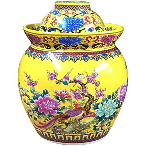 Fermentation Crock Jar Chinese Classical Flower Pattern Decoration Pickle Jar, Water Sealed Beet Cucumber Kimchi Jar, Jingdezhen Ceramics Handmade Artwork (Color : Yellow, Size : 3kg/105.8oz) - color: Yellow, size: 3kg/105.8oz