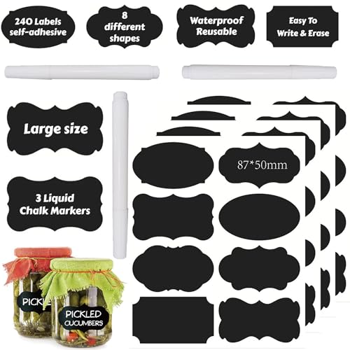 Chalkboard Label 240 Pcs Waterproof Reusable Labels for Food Containers Chalk Sticker Labels with 3 Liquid Chalk Markers for Mason Jars, Parties Decoration, Craft Rooms, Storage, Home, Kitchen - color: 240pcs With 3 Markers Black