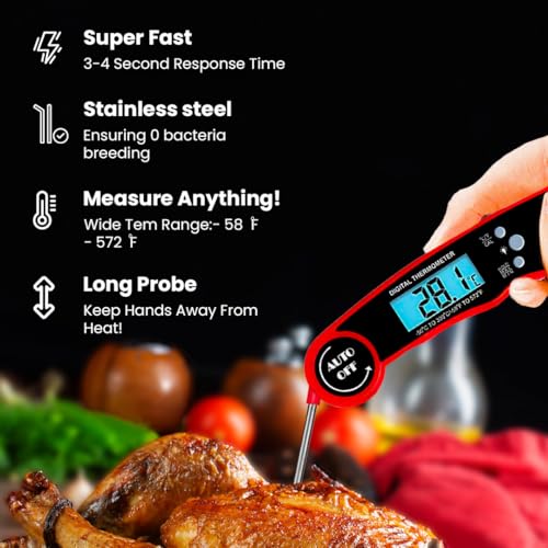 Meat Thermometer Digital Instant Read for Cooking and Grilling, Waterproof Food Thermometer with Backlight, Foldable Probe, Auto Off, Magnet, Bottle Opener, Built-in Bottle Opener & Fridge Magnet