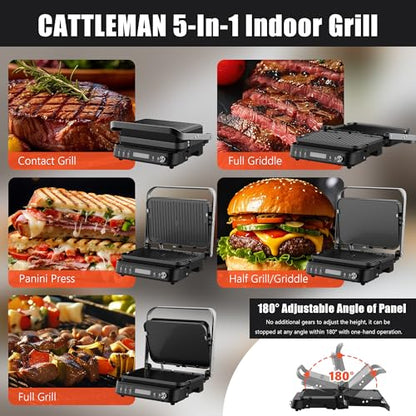 CATTLEMAN Panini Grill Press Sandwich Maker with Removable Plates, 1600W, 5 in 1 Smokeless Indoor Grill & Griddle with Meat Thermometer, PFAS Free Ceramic Nonstick Reversible Plates, Opens Flat - color: Black with Reversible Plates