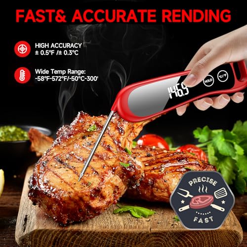 Instant Read Meat Thermometer Digital with IP67 Waterproof, Digital Meat Thermometer with 180° Foldaway Probe, Food Thermometer for Cooking, Oven, Grill,Candy,BBQ