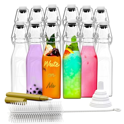 Nevlers 8.5 Oz Square Clear Swing Top Glass Bottles with Lids 12 Pack | Flip Top Glass Bottle with Lid | Small Bottle with Stopper , Shrink Wrap, Funnel, Brush, Tags & Marker| Small Bottles for Oil - style: Square - 12 Pack