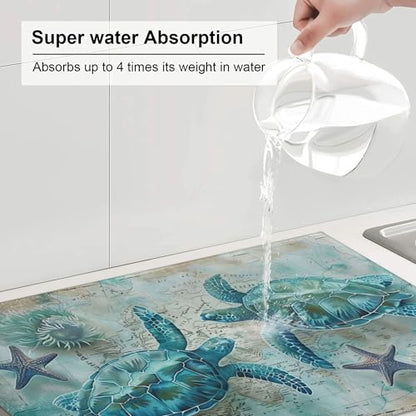 Sea Turtles Dish Drying Mat for Kitchen Counter Microfiber Super Absorbent Non-Slip Dish Drying Pad for Countertops Dishes Utensils Stylish Quick-Dry Machine Washable 18x24 Inch - color: Sea Turtles