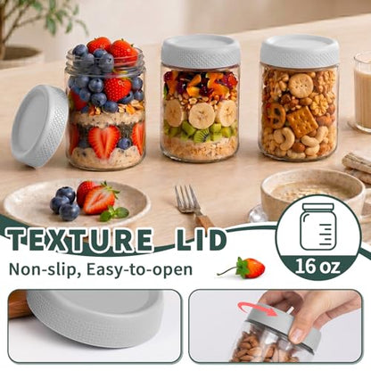 6 Pack Mason jars, 16 oz Overnight oats Containers with Lids, Parfait Cups with Lids for Yogurt, Oatmeal, Glass Jar with Lid for Storage, Food, Pudding, Sugar, Salad, Snack, Kitchen, Jam(Gray) - color: Grey